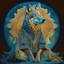 Placeholder: celestial psychedelic wolf made of fractals wearing a mexican jacket sitting on a giant mushroom in between stars, extatic, happy