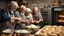 Placeholder: Elderly pensioners baking bread. Weighing ingredients, mixing, kneading, cooking in the oven, and the finished loaves. Everyone is happy. Photographic quality and detail, award-winning image, beautiful composition.