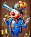 Placeholder: mechanoid happy friendly fat clown playing jazz with a steampunk theme, trumpet, realistic