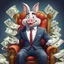 Placeholder: rich pig in suit on a throne making stacks of money by making a deal with a buisnessman. bugs bunny making sick beats in a background as he is known musician