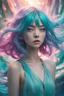 Placeholder: A stunning Anime girl suspended in a kaleidoscope of colors, captured in a photorealistic, cinematic photograph, as if plucked from a dream sequence. Her vibrant turquoise hair flows like a river, contrasting with the muted, earthy tones of her skin, set against a gradient of iridescent pinks and purples, evoking a sense of ethereal mysticism. Soft, cinematic film grain textures the image, infusing it with a sense of nostalgic warmth, as if lit by the flickering lights of a vintage cinema.