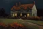 Placeholder: few flowers, distant old house, night, autumn, one person, dark horror gothic movies influence, disturbing, bernard van beek and alfred munnings impressionism paintings