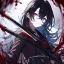 Placeholder: Clear focus, High resolution, rough line sketch art, long black hair, hair between eyes, fluffy hair, purple eyes, wearing a black and red sailor uniform, dark aura, mad, holding katana, bloody mess, glowing eye, looking down on viewer