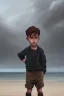 Placeholder: desaturated oil painting of boy on beach, old clothes, dark storm clouds overhead, gloomy, bleak, little fires