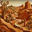 Placeholder: A copper brown dry arid prehistoric land designed in Mexican folk art painted by Georgia O'Keeffe