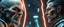Placeholder: Close-up confrontation between an ancient alien outcast leader synth and a space broker, standing only a meter apart, intense eye contact, glowing crystalline rod between them, anger mixed with sadness, dramatic facial expressions, shallow depth of field, cinematic lighting, stylized 3D anime, airbrush painting, crisp outlines, escher , rembrandt and titian, fallout 4