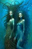 Placeholder: A beautiful two girls with a colorful peacock curly long hair , full body’s , front view . decayed and rotting with grotesque proportions and imagery. grotesqueries, detailed texture, surreal horror, biomechanical design, by hr giger and beksinski , on blue color