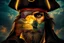 Placeholder: create a surreal double exposure of a pirate captain with a leather eye patch bearing a skull emblem. His face is overlaid with a faded treasure map, torn and weathered. Inside his silhouette, a pirate ship sails near a distant island under a full glowing moon, clouds drifting past, palm trees in the background. His coat and hat blend into storm clouds, golden and dark blue tones, ultra-detailed, cinematic --v 7 --style raw --ar 3:4