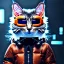 Placeholder: Scottish cat toddler, smile, cyberpunk headphone, sunglass, gangsta neckless, full body, orange puffer jacket, tokio background, dramatic lighting, hyper realistic, unreal engine 5, 16k