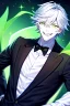 Placeholder: plauge doctor in balck leather coat and suit with silver hair, pale skin and bright green glowing eyes smiling with sharp teeth, nice young face, male, viscious smile, face close look