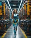 Placeholder: potrait photography cinematography colors a beautiful woman long hair humanoid robot walking fast in between two rows of complex machinery with vibrant colors