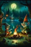 Placeholder: a gnome and a goblin eating in front of a fish fire with figure with fox mask behind, riverbank, night, moonlight,