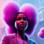 Placeholder: Ultra realistic photo. volumetric lighting , scientist. Young black woman, young, big smile. Joy. smiling. Afro futurism. Afro puffs. Blue hair. Ombré hair Cotton candy. Futuristic cities in background. Space. Space travel. Silver. Cities