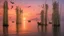 Placeholder: Large birds fly between long, fragile bamboo pillars that support dilapidated cabins in uncertain balance, over a calm sea where small fishing boats work, in an atmosphere of reddish sunset