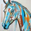 Placeholder: A colorful, abstract painting of a horse with exaggerated features. The horse has large eyes, a patchwork of blue, orange and tan fur, with black outline details giving a scribbled effect. the image is in the middle of a white canvas. The background should be clean and mostly white, with subtle geometric shapes and thin, straight lines that intersect with dotted nodes. The style is expressive and textured, reminiscent of outsider art.