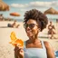 Placeholder: Portrait of black woman enjoying orange popsicle, enjoying the sun. She's at the beach with turtles and baby crab