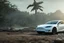Placeholder: A Tesla's 'Model 3' is parked, on the 'Jurassic Park' island. CINEMATIC. WIDE ANGLE LENS. PHOTO REAL.