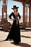 Placeholder: [Movie Poster: in letters: ONCE UPON A TIME IN TE WEST] Claudia Cardinale in her iconic scene of Once Upon a Time in the West (1868): the western train station behind her she discovers the small cowboy city in construction, in the dust. She observes, a shawl draped over her lace-trimmed bourgeois dress, her hair pulled back into a tousled bun. there is dust in the air