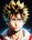 Placeholder: Detailed anime portrait of bakugo from my hero academia, gold hair and golden eyes, black suit, intricate details, full body portrait, keep head in frame, slight smile, black Japanese motif, concept art, highly detailed, digital painting, concept art, sharp focus, illustration, art by Yoji Shinkawa, WLOP and greg rutkowski and alphonse mucha and artgerm and yanjun Chen and Junji ito and Makoto Shinkai, HDR, octane render