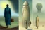 Placeholder: two humans seen from behind walking side by side in an empty foggy plain, above there is blue sky by artist "Leonora Carrington",by artist "Christian Schloe",by artist "Kay Sage"