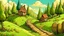 Placeholder: Cartoon style: far far away, down the hill between trees, a very small tiny wooden house