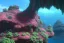 Placeholder: borg Cube spaceship with tentakel Coral plants growing out of it over a rocky desert with pink crystals