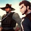Placeholder: Bearded, gunslinger, short brown hair, serious eyes, serious