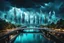 Placeholder: Dreamlike Skyline of Downtown futuristic hightech city in 4050 and a stunning futuristic Bridge During. dark sky, grey and black clouds , storm, dark azur-blue river, cold colors, come storm, rain, high detalied, sci-fi, landscape