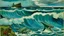 Placeholder: A grayish blue island with raging waves and sharks painted by Paul Gauguin