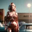 Placeholder: Ultra Realistic retro sci-fi movie explosion Supermarket parking scene, 1960 year, waist up view portrait, blonde woman, sweet scarlet Johansson face, perfect iris, glow eyes, face makeup, tight latex coat; many people looking, Retro sci-fi style, soft color, highly detailed, unreal engine 5, ray tracing, RTX, lumen lighting, ultra detail, volumetric lighting, 3d, finely drawn, high definition, high resolution.