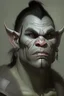 Placeholder: Portrait of an half-orc, grey skin, two large lower tusks, proud look, short dark hair