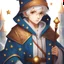 Placeholder: Fantasy World, A boy only wearing a closed wizards robe, and wearing a wizards hat. White Hair. Eyes That Looks Like a Clock.