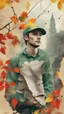 Placeholder: background old, cracks, yellow, torn canvas, gouache, double exposure, man, baseball cap, 40 years old, fine drawing, blots, newspaper scraps, leaves, green, autumn, city, branches, red rowan berries, 8K, double exposure