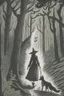 Placeholder: in the style of a Henry Justice Ford drawing, a witch walks through a forest, she is followed by a dog