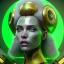 Placeholder: woman, irish, green, heavily made up face, round helmet, decorative color feathers, retro futuristic, latex coat, soft color, highly detailed, art stations, concept art, smooth, unreal engine 5, god rays, ray tracing, RTX, lumen lighting, ultra detail, volumetric lighting, 3d, finely drawn, high definition, high resolution.