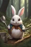 Placeholder: Cute chubby bunny floppy ears adventurer dnd cooking in a forest art realism