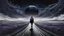 Placeholder: A solitary androgynous figure seen from behind, carrying an oversized heavy dark backpack, walking alone along a long winding road floating on a vast dark sky. Surreal abstract dreamscape, the road curving into endless darkness, abyss, mist, uncertainty and emotional weight, alone caracter, black gray, Dark blue, charcoal and muted purple tones, deep sky, digital art, etheral, atmospheric