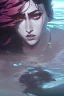 Placeholder: a beautiful woman, long curly black hair,closed eyes,coming from beneath the water,braking the surface with her face just coming out the water,looking up symbolism for breaking free. realistic,8k quality, action close shot from areal view,highly detailed , chaos 80