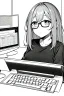 Placeholder: girl with glasses works on a computer in a cafe, line arts, greyscale