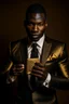 Placeholder: Dashing black man in a suit with gold trimmings. He's holding a deck of cards.