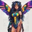 Placeholder: half body, long hair, with detailed blueprints and engineering schematics of a walking hybrid Madagascan sunset moth insect girl, in anime style, drawings, 8k, vibrant natural colors, tight bodysuit, white skin, wings above shoulder