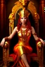 Placeholder: A mature Egyptian goddess with red hair and amber eyes, wearing a red silk gown and a necklace of scarabs. She is sitting on a throne made of gold, carved with the head of a wise and ancient dragon