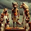 Placeholder: stands on top a wooden box a thin, young sad anthropomorphic wolf in full body hair with autentic wood-bone necklace hanging in his neck and in white belt , front him two older anthropomorphic wolves white Chef's Bib Snap Apron look at him, stormy sky, in blur background more different anthropomorphic wolves stand in body hair and looking them , realistic, detailed, cinematic, sci-fi, digital art, fantasy mood