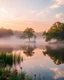 Placeholder: serene landscape of a peaceful lake at sunrise, with misty fog rising from the calm water, surrounded by lush green trees and vibrant flowers. A solo sailboat with a white sail billows in the gentle breeze in the distance. The warm sunlight casts a golden glow on the scene, with the sky transitioning from soft pink to gentle blue and feathery clouds. The trees are reflected perfectly in the still water, creating symmetry and balance. Evocative of a tranquil and harmonious m