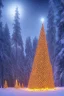 Placeholder: Huge lonely Christmas tree full of lights in a dark snowy forest, warm glow, multiple deer walking by, small cabin beside, deer, cabin