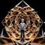 Placeholder: a 3d structure fractal based on tiangles with small spheres at joints ,with a 8 years old boy standing in center