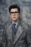 Placeholder: Elvis Presley as Clark Kent, 4k UHD, photorealistic, ((big, full, plump, pouty lips:1.5)) black hair, big cat-eye eyeglasses, dark blue foggy gradated marble wall background, extremely detailed skin texture,