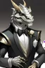 Placeholder: A silver Dragonborn from dnd wearing a tuxedo