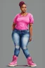 Placeholder: Create a watercolor image of a curvy black female wearing tight cut up jeans and a pink tshirt with timberland boots. Prominent make up with hazel eyes. Highly detail two cornrows going down her head.