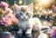 Placeholder: gemstone and jewel kitten in a flowergarden with beautiful flowers, pond, in sunshine, anime, watercolor and black in outlines, golden glitter, ethereal, cinematic postprocessing, bokeh, dof